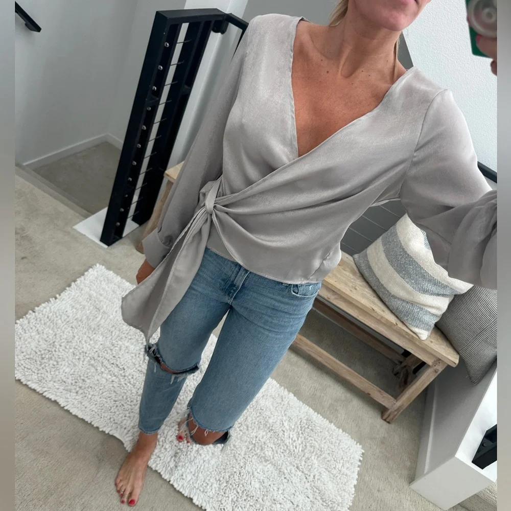 Miss love silver gray wrap long sleeve v neck blouse top business casual NWT M - Picture 3 of 15